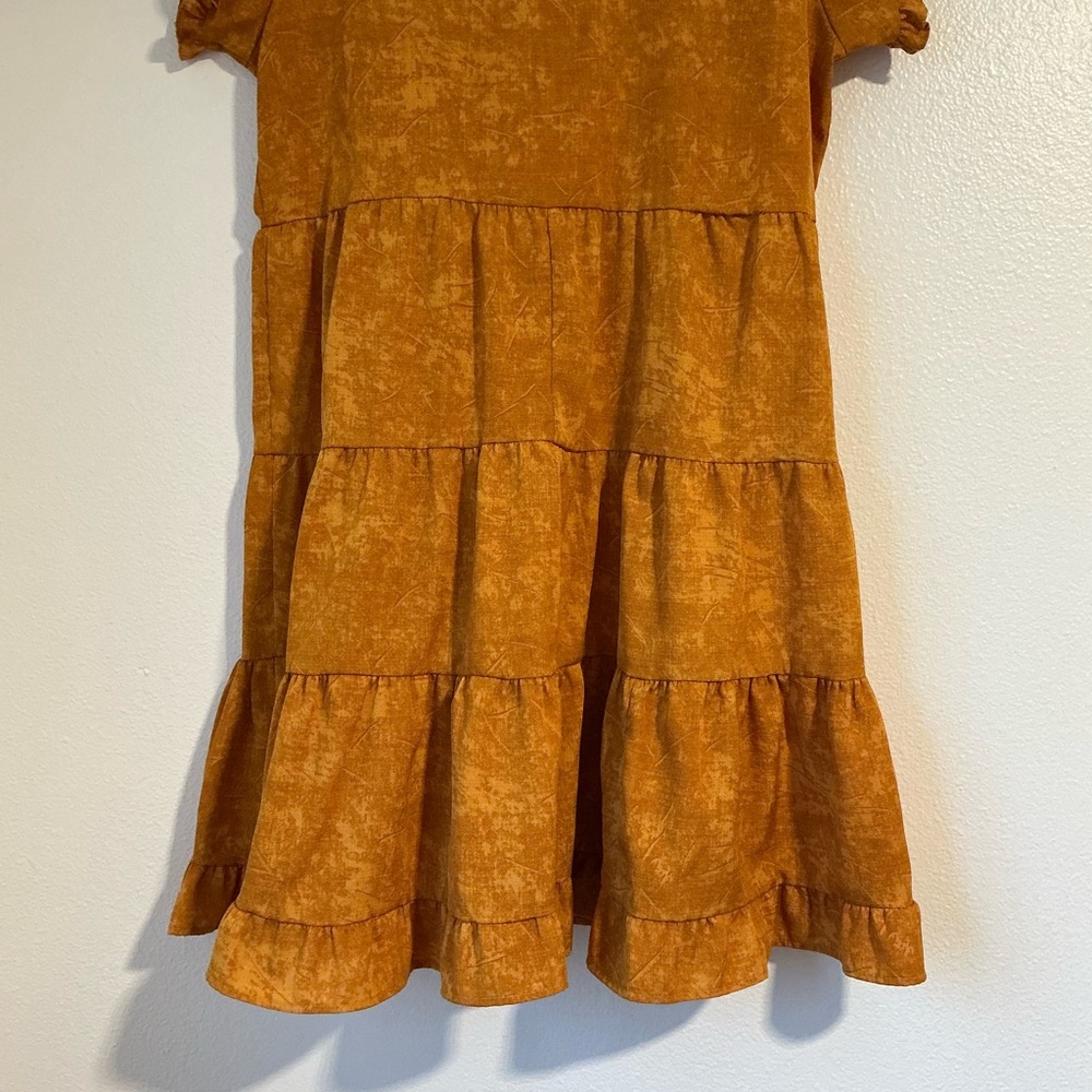 Deep Mustard Yellow V-neck Mini Dress with Ruffle Sleeves and Hem - Picture 9 of 10